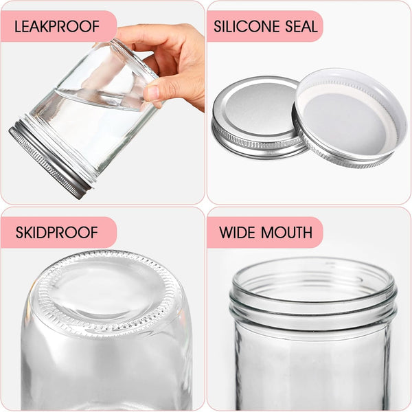 2 Pack Wide Mouth Mason Jars 16Oz - Airtight Glass Canning Jars for Food Storage, Meal Prep, Overnight Oats, Pickling, Salad & Wedding Favors (Leak-Proof Lids)3