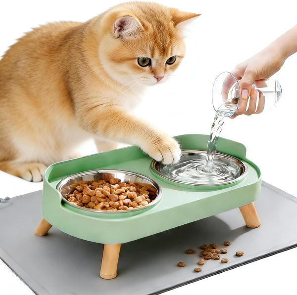 Elevated Cat Bowls with Food Mat, Splash Proof anti Vomiting Raised Cat Food and Water Bowl Set, 2 Stainless Steel Dishes for Cats and Puppy, Pet Bowl for Indoor Cats White8