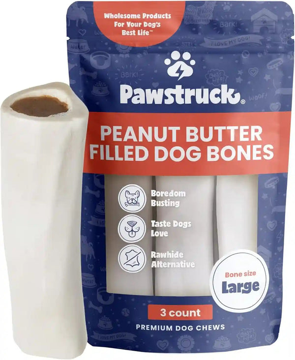 Pawstruck Large 5-6” Filled Dog Bones Variety Pack - Peanut Butter, Cheese & Bacon, Beef Flavors - Made in USA, Long Lasting Stuffed Femur Treat for Aggressive Chewers - Pack of 3, Packaging May Vary13