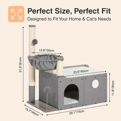 Veehoo Extra Large Cat House Bed for Indoor Cats, 29X16X31.9 Sturdy Condo | Cat Hideaway with Scratching Post, Foldable Cube with Hammock, Cave with 2 Plush Interactive Balls for Multiple Cats, Gray7