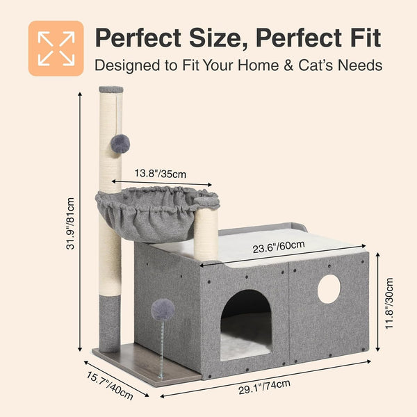 Veehoo Extra Large Cat House Bed for Indoor Cats, 29X16X31.9 Sturdy Condo | Cat Hideaway with Scratching Post, Foldable Cube with Hammock, Cave with 2 Plush Interactive Balls for Multiple Cats, Gray7