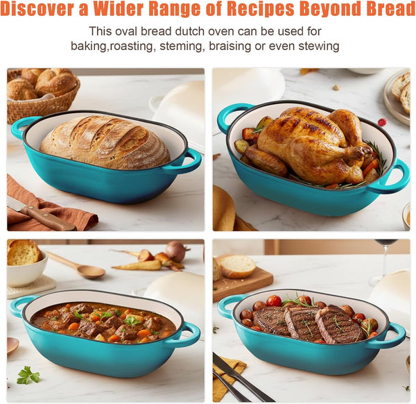 5 QT Enameled Cast Iron Sourdough Bread Oven, Loaf Pan with Lid | Oval Dutch Oven for Homemade Sourdough Bread Baking, Oven Safe up to 500°F, Meatloaf Pan with Dome Lid, Blue-Green6