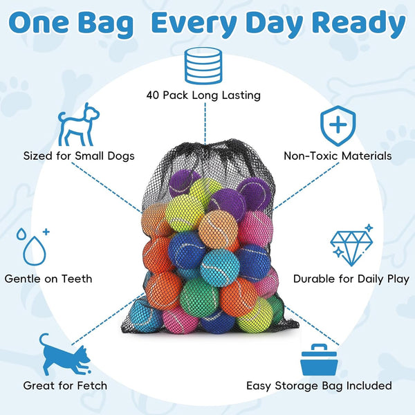 40 Pack 2 Inch Dog Tennis Balls, Small Tennis Balls for Dogs, Dog Safe Non-Abrasive Felt, Bulk Puppy Tennis Ball Set for Small Dogs,With Mesh Bag for Easy Transport(Multicolor7