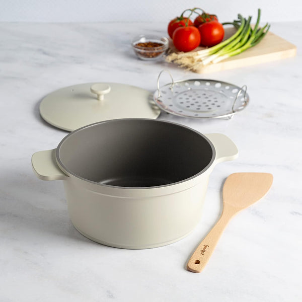 All-In-One Pot, Multilayer Nonstick, High Performance Cast Dutch Oven with Matching Lid, Roasting Rack and Turner, Made without PFOA, Dishwasher Safe Cookware, 4.7-Quart, Linen11