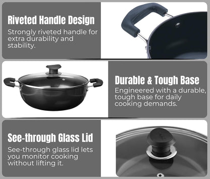 Cookware Professional Deep Kadhai – 2.1 Liters(2.2 Quarts) – 20Cm–Glass Lid Included – Multi-Use Hard Anodized Wok/Pot –Suitable for Indian Cooking, Sauces, Pasta, Stews, Soups – Riveted Handles6