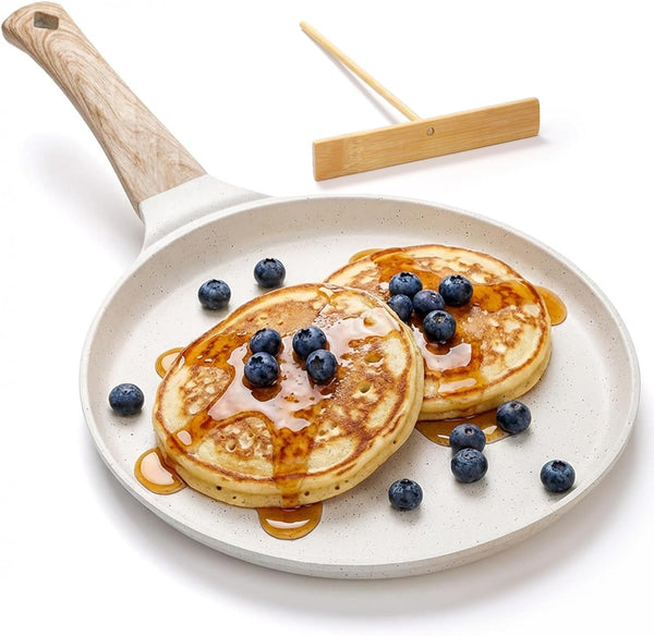 Nonstick Crepe Pan with Spreader, 10-Inch Tortilla Pan with Detachable Handle, Ceramic Coating Pancake Dosa Tawa Griddle Pan, for All Stove, Induction Compatible, PFOA Free (White)1