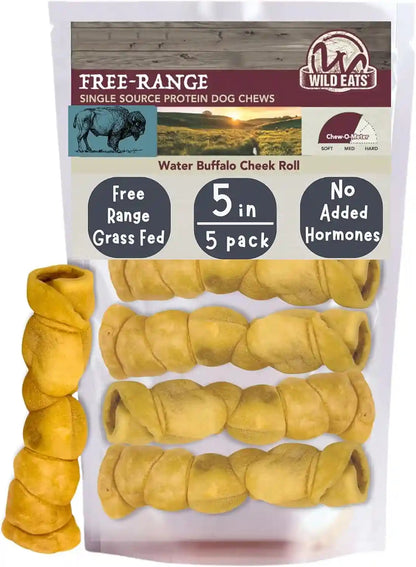 Wild Eats Water Buffalo Retriever Style Cheek Rolls Dog Chews, Pack of 5 | Long Lasting Treats and Bones for Aggressive Gnawing and Large Sized Breeds, Works as a Satisfying Substitute for Pig Ears1