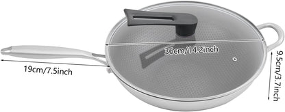 14.2 Inch Stainless Steel Stir-Fry Wok, Cooking Frying Pan, Non Stick Honeycomb Skillet with Stay Cool Handle, Class Lid, Suitable for Induction, Ceramic, Electric, and Gas Cooktops4