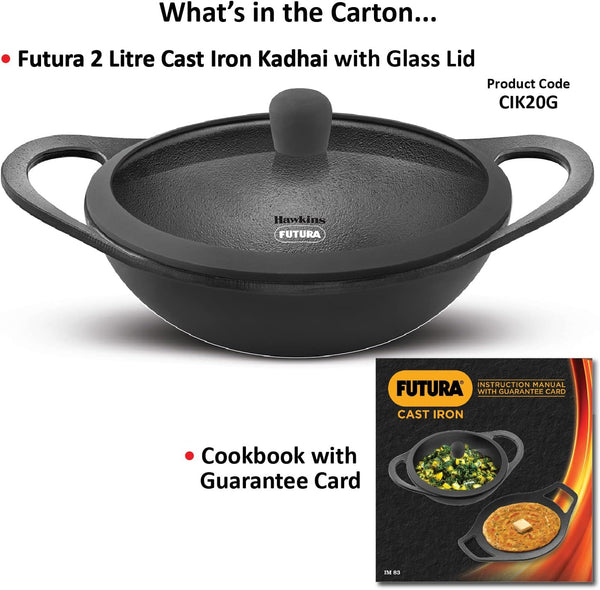 Futura 2 Litre Cast Iron Kadhai, Naturally Nonstick Cast Iron Kadai with Glass Lid, Cast Iron Cookware for Kitchen, Black (CIK20G)11
