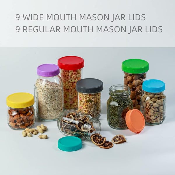 18 Pack 9 Wide Mouth & 9 Regular Mouth Mason Jar Lids with Silicone Rings,Thickened Leak-Proof Lids Fit Ball,Kerr and More, 18 Color Plastic Lids, 86Mm &70Mm Plastic Mason Jar Lids3