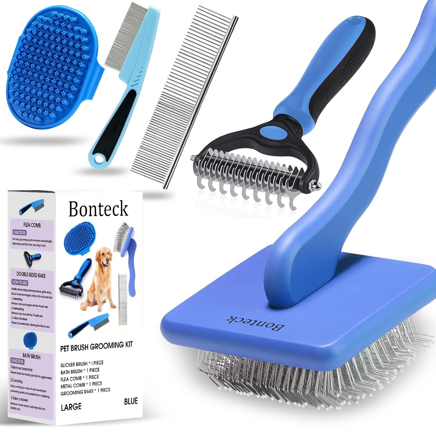 bonteck-dog-slicker-brush-for-dogs-grooming-kit-5pcs-long-haired-doodles-goldendoodles-poodles-skin-friendly-deshedding-comb-and-rake-removes-undercoat-professional-detangling-large-purple
