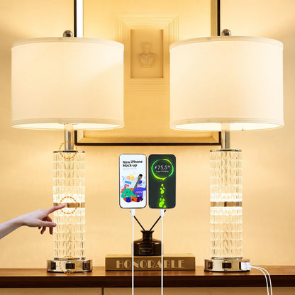 Crystal Table Lamps Bedside for Living Room Bedroom with USB Ports | 3-Way Dimmable Touch Control, Night Light for Nightstand Bedside Lamp, AC Outlets, White Fabric Shade, 27In Morden Lamp1