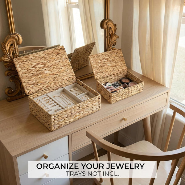 Decorative Storage Boxes with Lids - Set of 2 Wicker Organizer Bins | Beautiful Rattan Design for Shelves and Home Decor - Safely Store Photos, Documents and Memory Box Keepsakes in Style8