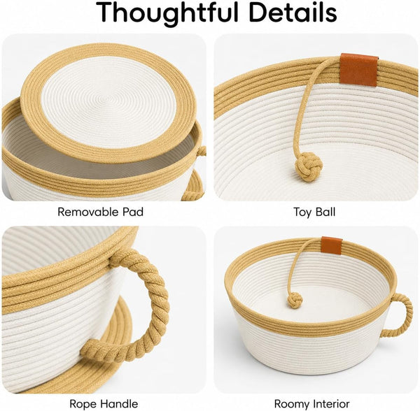 Trynellis Handwoven Cotton Rope Cat Basket Bed with Removable Scratching Pad, 2-In-1 Cat Scratcher Lounge (Large,Woven Rattan Cat Bed + Cushion)4