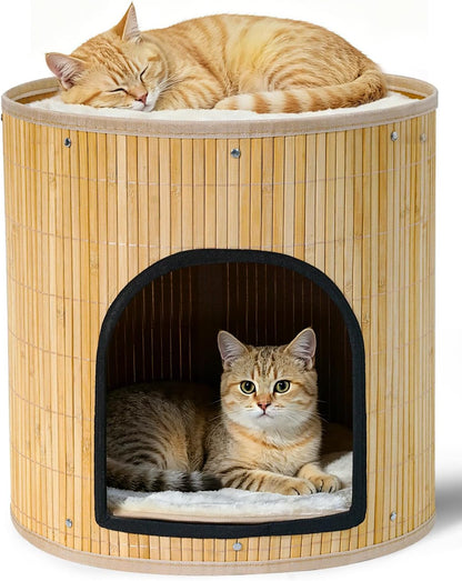 SYANDLVY Large Cat House, Kitten Condo with Bed for Indoor Cats, Portable ﻿ | 2-Tier Foldable Natural Bamboo Cave with Double-Sided Cushion, 15.5"X15.7" Washable Kitten Hideout1