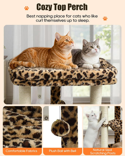 SYANDLVY Leopard Print Small Cat Tree with Top Perch, Hammock & Bottom Bed | 3 Level, Natural Sisal Scratching Post Tower with Hanging Bell Ball and Anti-Tip Strap, Stable Indoor Cat Furniture4