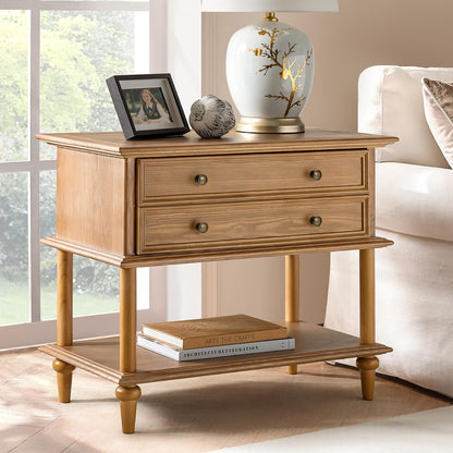 Farmhouse Nightstand with Drawer & Open Shelf, Natural Wood End Table with Solid Wood Legs, 28.4'' Wide Sofa Side Table with Charging Station(Oak)8