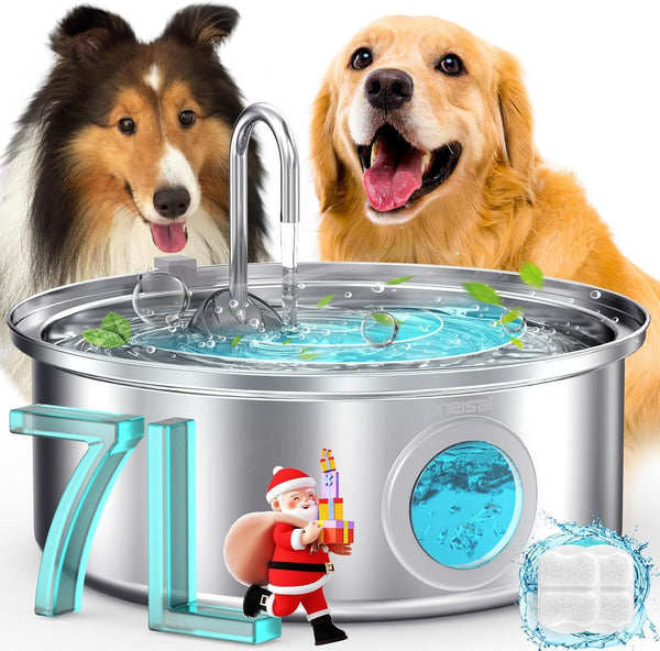 Oneisall 7L/230Oz Dog Water Fountain for Multi-Pet Household,Pwf002 | 25Db Quiet Design,304 Stainless Steel,Contain 3 Set Filters,Visual Water,5-Layer Filtration,Fit for Living Room Kitchen1