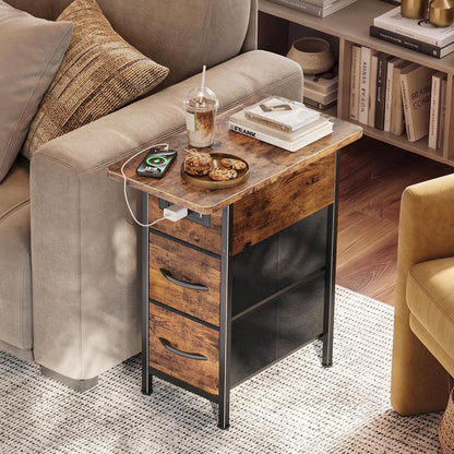 Narrow End Table with Charging Station, Side Table with 2 Drawers | Slim Night Stand with USB-C Port for Small Spaces, Flip Top Nightstand Bedside Couch Table, Living Room, Rustic Brown2