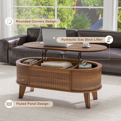 43.3'' Fluted Lift Top Coffee Table with Storage,Modern Oval Coffee Table for Living Room or Home Office（Walnut）5