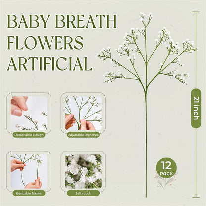 12Pcs Babys Breath Artificial Flowers, 21In Floral Stems for Vase Decor | Trim 12In Lower Stems to Fit 4–6In Small or 7–12In Medium Vases for Dining Table Centerpiece, Bedroom, Wedding Decor2