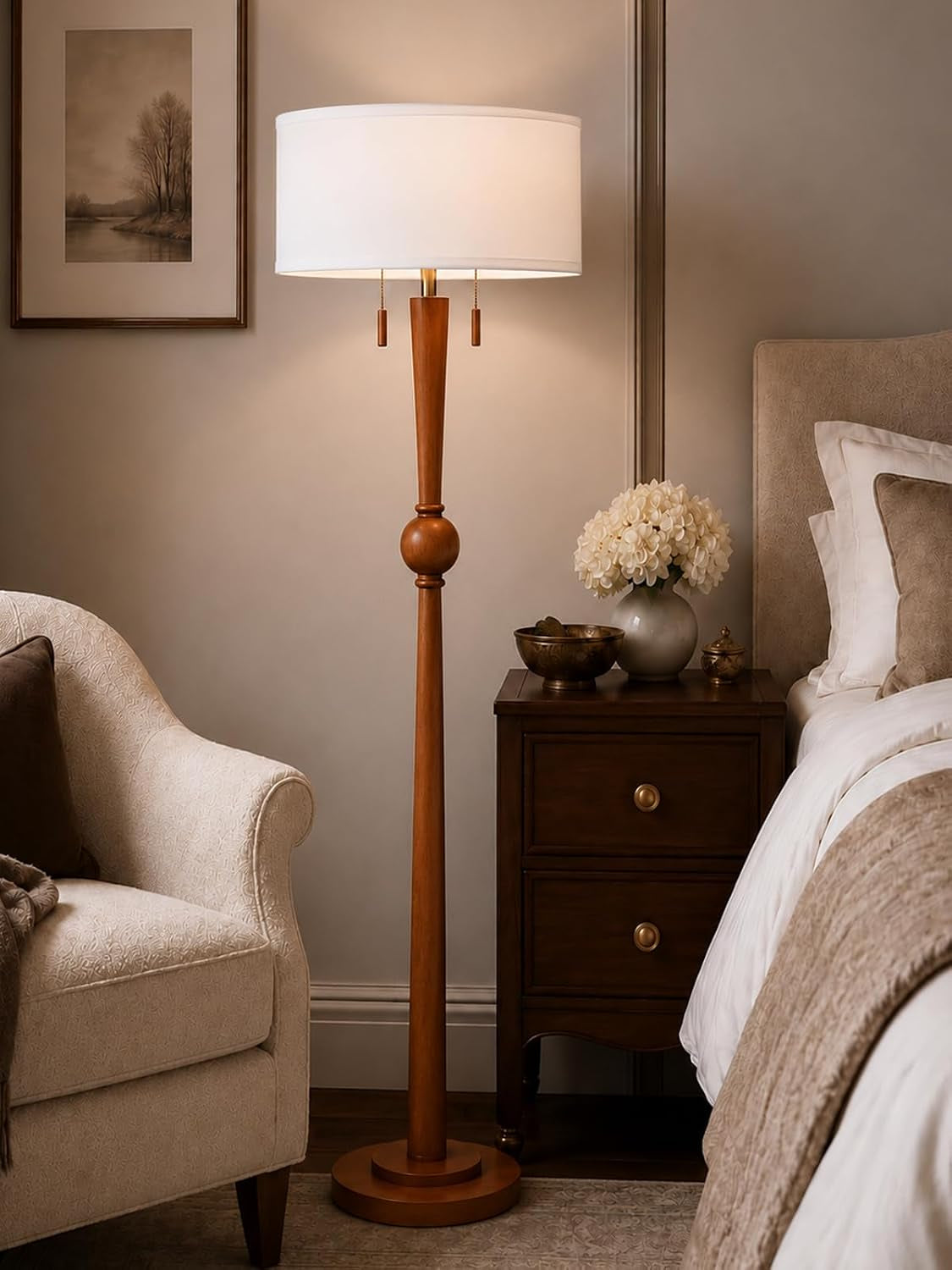 solid-wood-floor-lamp-for-living-room-pull-chains-standing-lamp-62-8-tall-17-white-drum-shade-sculptural-wood-base-stem-2-light-design-standing-lamp-for-bedroom-2-bulbs-included
