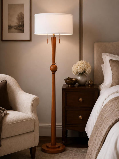 Solid Wood Floor Lamp for Living Room,Pull Chains Standing Lamp | 62.8" Tall,17" White Drum Shade,Sculptural Wood Base & Stem,2-Light Design,Standing Lamp for Bedroom,2 Bulbs Included9