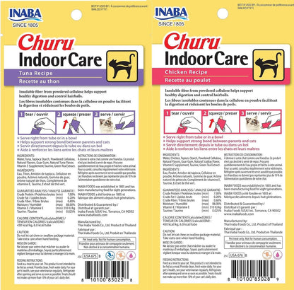INABA Churu for Cats, Functional, Creamy Lickable Purée Cat Treat for Indoor Care and Hairball Control, 0.5 Ounces Each, 24 Tubes (4 per Pack), 2 Flavor Tuna and Chicken Variety Pack2
