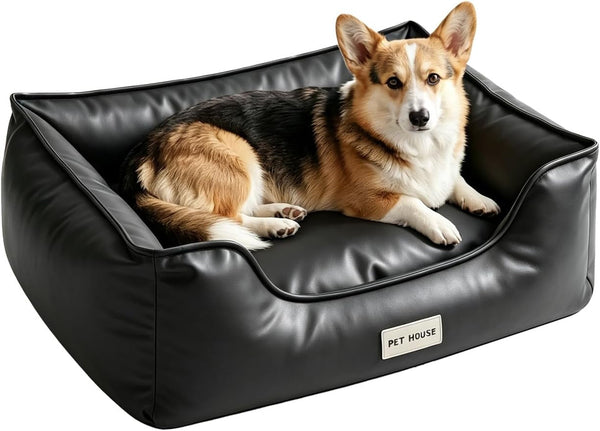 Marchul Faux Leather Dog Bed, Waterproof Cat Sofa Bed with Non-Slip Bottom | Leather Dog Bed, Washable Pet Couch for Small and Medium Dogs & Cats, 29.5 X 23.6In Black1