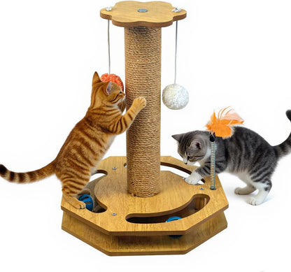 Cat Scratching Post with Vertical Scratcher and Tracking Interactive Toy for Kittens,4 in 1 Cat Scratcher Toy with Cat Ball Tracks,16.6" Tall with Interactive Feather1