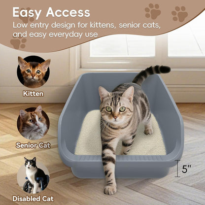 Large Cat Litter Box with High Sides,Durable Open Top Cat Litter Pan for Kitty,Plastic Indoor Big Cat Box with High Wall,Senior Cat Toilet with Low Entry,Easy to Clean,Anti-Splashing(Grey)2