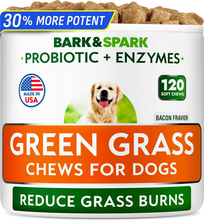 BARK&SPARK Green Grass Dog Chews – Dog Pee Grass & Urine Neutralizer Lawn | Grass Burn Spot Chews with Probiotics & Enzymes, Helps Reduce Lawn Burn from Dog Urine (120 Soft Chews)1