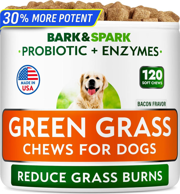 BARK&SPARK Green Grass Dog Chews – Dog Pee Grass & Urine Neutralizer Lawn | Grass Burn Spot Chews with Probiotics & Enzymes, Helps Reduce Lawn Burn from Dog Urine (120 Soft Chews)1