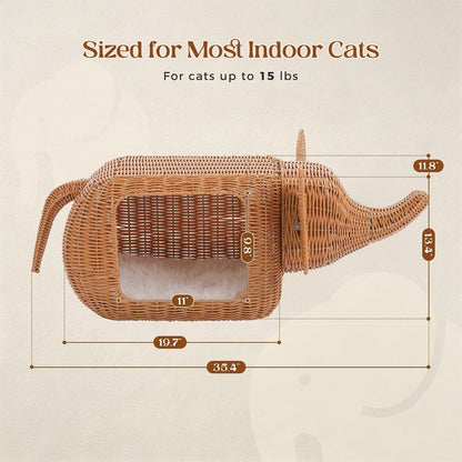 MUTTROS Elephant-Shaped Cat Condo Bed for Indoor Cats, Woven Cat House with Thick Plush Cushion for Large Cats and Kittens, Sturdy Pet Hideaway for Small Dogs and Rabbits, 35 X 12 X 13 Inches7