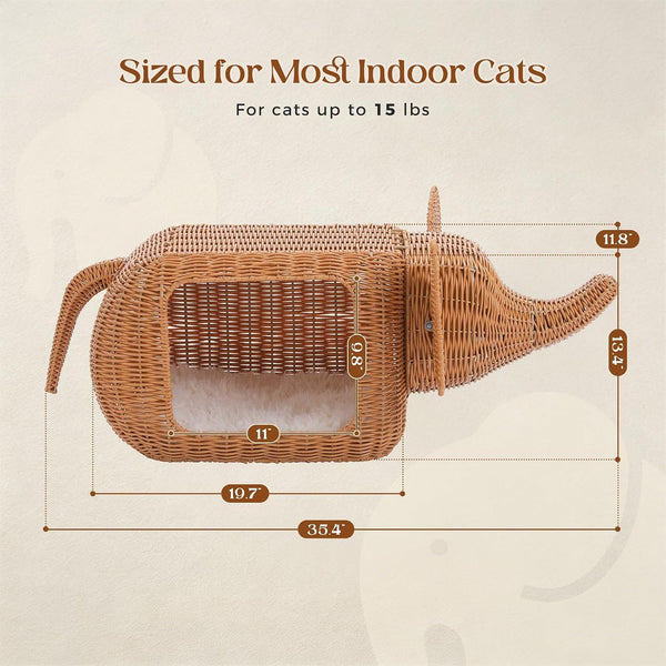MUTTROS Elephant-Shaped Cat Condo Bed for Indoor Cats, Woven Cat House with Thick Plush Cushion for Large Cats and Kittens, Sturdy Pet Hideaway for Small Dogs and Rabbits, 35 X 12 X 13 Inches7
