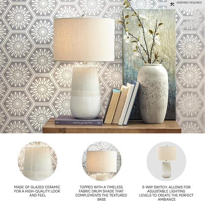 Signature Design by Ashley Shavon Ceramic Table Lamp, 26", 3-Way Switch | Textured Neutral Glazed Base, Beige and White Finish, Fabric Drum Shade, Versatile 3-Way Switch, Living Room Use3