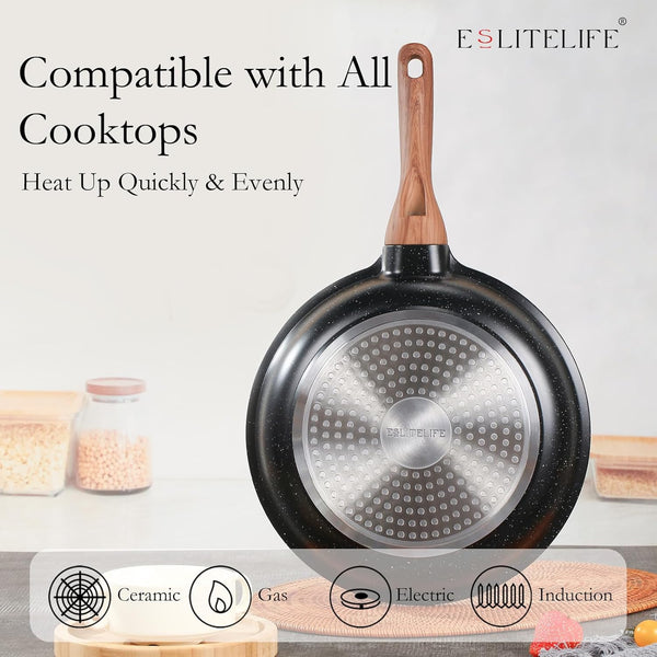 Nonstick Ceramic Frying Pans Skillets Set with Lids, Non-Toxic Egg Omelette Kitchen Cooking Pans Compatible with All Stovetops (Gas, Electric & Induction), PTFE & PFOA Free (Black)4