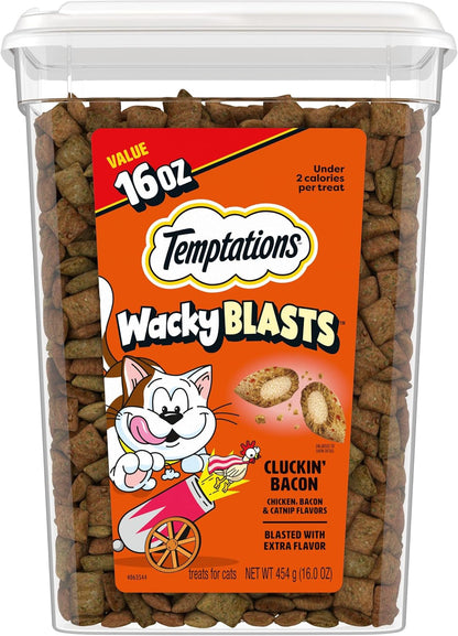 Temptations Wacky Blasts Cat Treats, Cluckin' Bacon Flavor, 16 Oz | Chicken, Bacon & Catnip Flavor Bits, Crunchy Outside, Soft Inside, under 2 Cal, 100% Complete & Balanced, Resealable Tub1