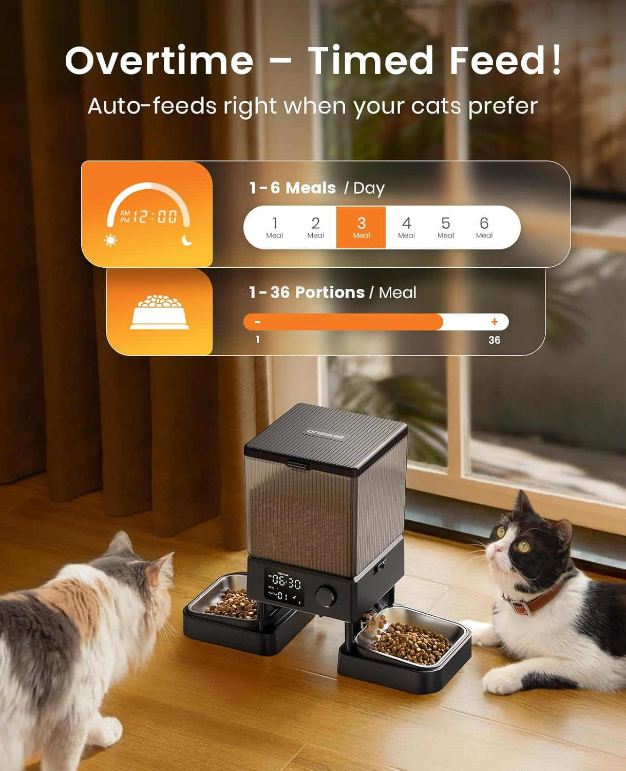 oneisall-automatic-cat-feeder-for-2-cats-pets-timed-cat-food-dispenser-20-cups-5l-prevent-fighting-precise-portion-balanced-dispense-non-slip-stable-voice-recorder-stainless-steel-bowls