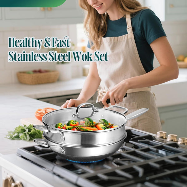 Hybrid 13 Inch Wok with Steamer, Nonstick Stainless Steel Wok | Wok Pan & Stir-Fry Pans3