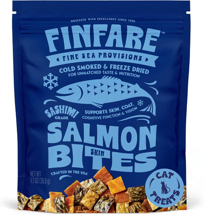 Finfare Freeze Dried Salmon Skin Bites, Grain Free Crunchy Salmon Cat Treats, High Protein & Omega-3S for Skin & Coat Health, Crafted in USA, 1.3Oz1