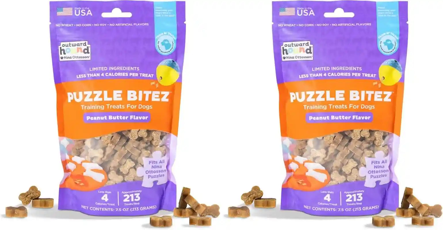 outward-hound-by-nina-ottosson-puzzle-bitez-usa-made-dog-treats-peanut-butter-flavor-bite-sized-training-reward-and-interactive-puzzle-toy-treats-7-5oz