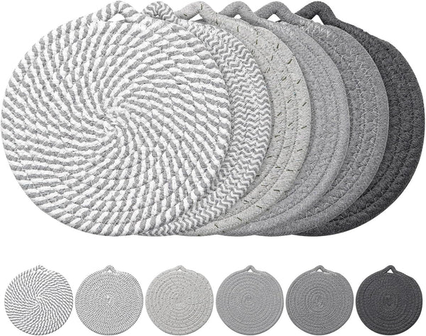 7" Trivets for Hot Dishes, 6 Pack Trivets for Hot Pots and Pans | Cotton Hot Pads for Kitchen Counter and Countertops, Trivets for Quartz Countertops Resist Heat, Scratches & Stains, Gray1
