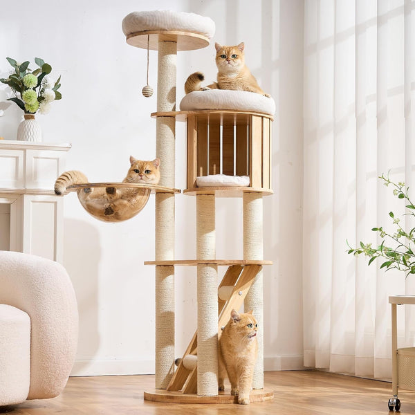 50" Modern Cat Tree for Indoor Cats Small to Medium, Solid Wood Cat Tower with Sisal Scratching Posts, Cat Scratcher Cardboard, Cozy Cat Beds & Hidden Cat Condo, Multi-Level Cat Furniture15
