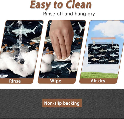 Cute Shark Dog Cat Food Mat,Absorbent Pet Feeding Mat with Rubber Backing,Non-Slip Water Bowl Placemat,Indoor Pet Accessories Supplies 12"X20"4