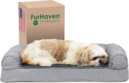 Furhaven Orthopedic Dog Bed for Large Dogs, Sofa-Style with Cool Gel-Top Foam with a Solid Orthopedic Foam Base for Joint Support, Removable Washable Cover, Jumbo XL, Plush & Suede, Gray24