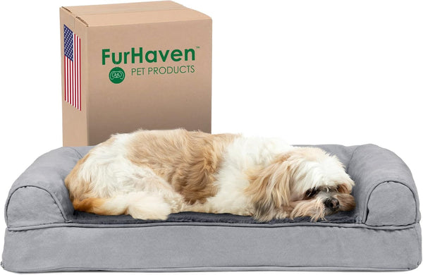 Furhaven Orthopedic Dog Bed for Large Dogs, Sofa-Style with Cool Gel-Top Foam with a Solid Orthopedic Foam Base for Joint Support, Removable Washable Cover, Jumbo XL, Plush & Suede, Gray24