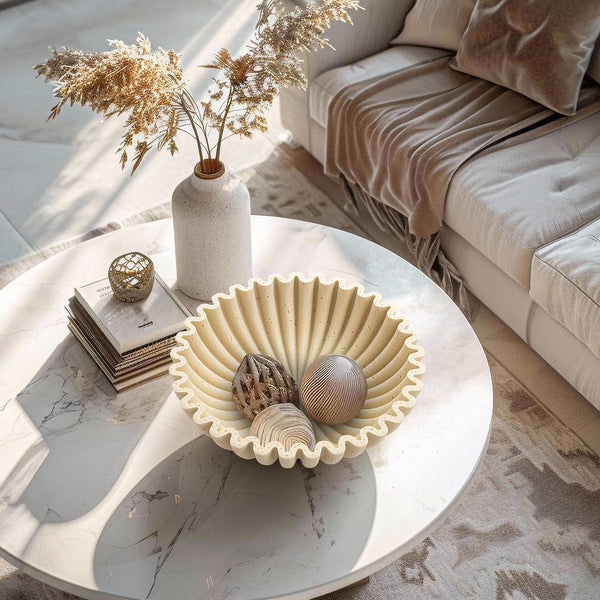 Large Decorative Bowl, Modern Handicraft Bowls for Home Decor, Decorative Fruit Bowl for Kitchen Counter, Ruffle Decor, Stylish Key Bowl for Entry Table, Artificial Travertine Beige3