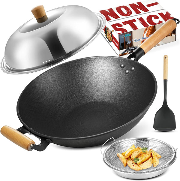 13'' Nonstick Wok, Cast Iron Wok with Lid, Wok Pan & Stir-Fry Pans | Chinese Woks Pan with Lid1