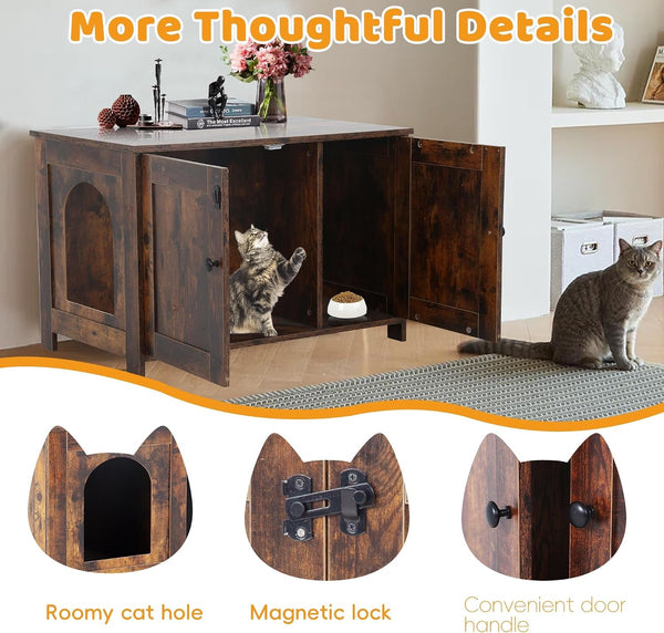 Cat Litter Box Enclosure Furniture, Wooden Cat Bathroom Furniture Storage Cabinet with Removable Divider, Fit Most Cats and Litter Box6